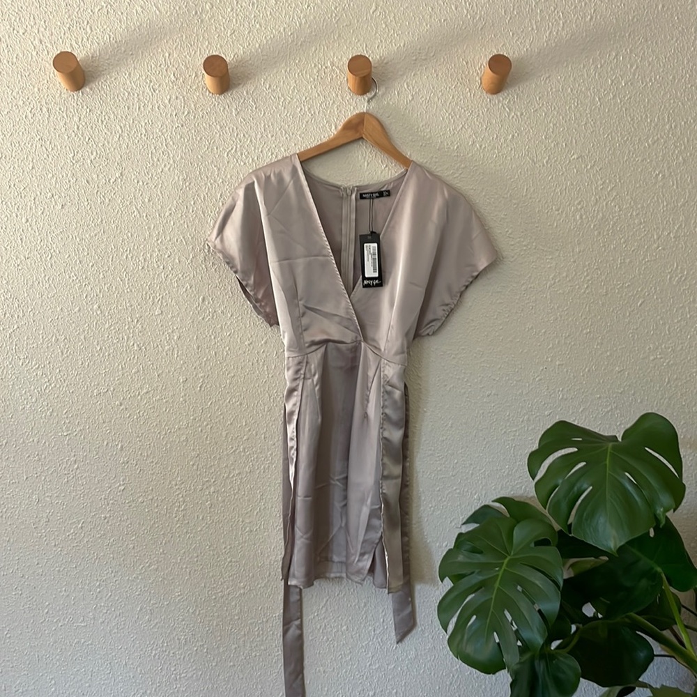 Silver double slit mini dress. Size 2. Brand: Nasty Gal.